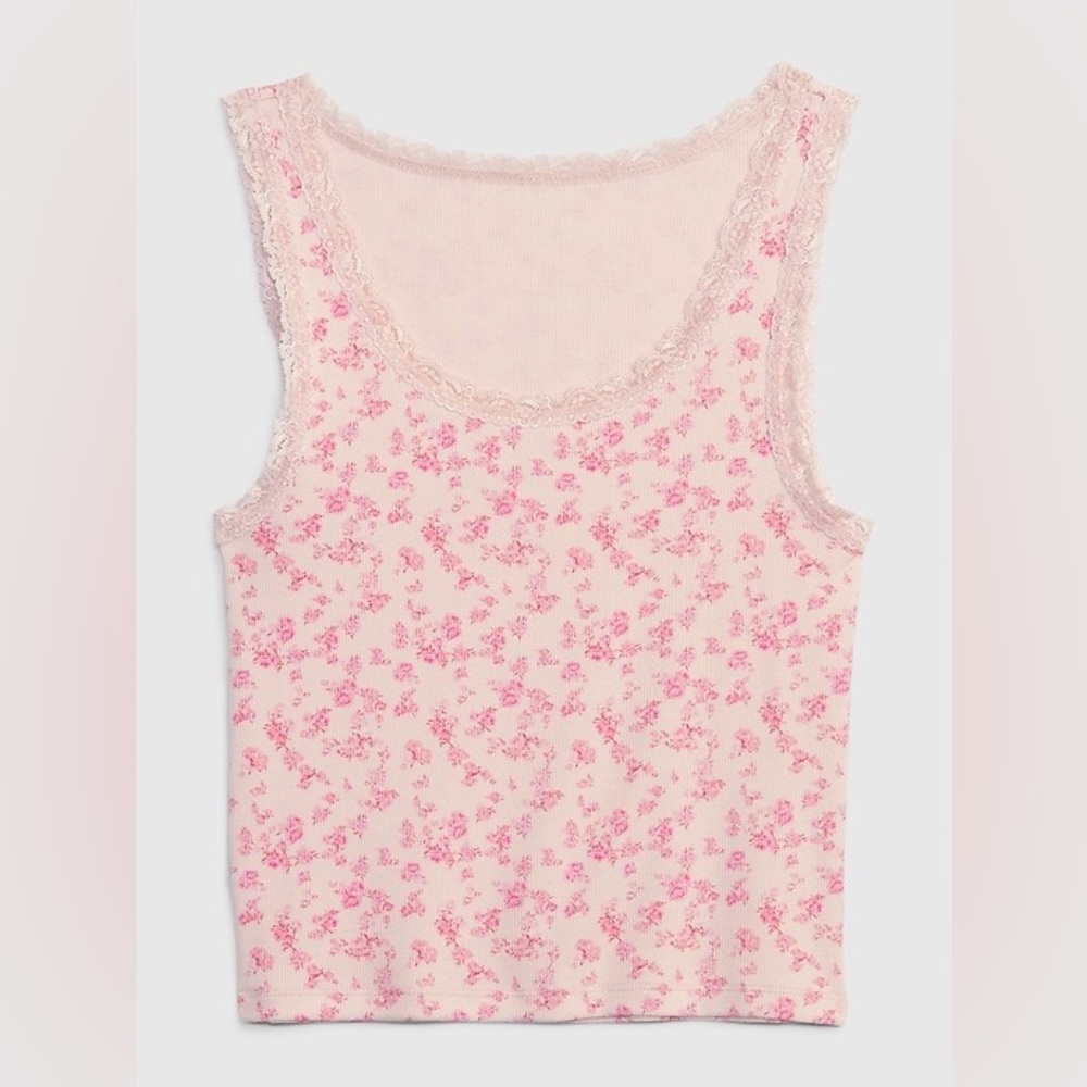 GAP x LoveShackFancy Pink Lace-Trim Ribbed Tank